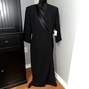 Worthington Dress Size 14 Black Long Wrap Satin Trim Formal Evening Gown NWT